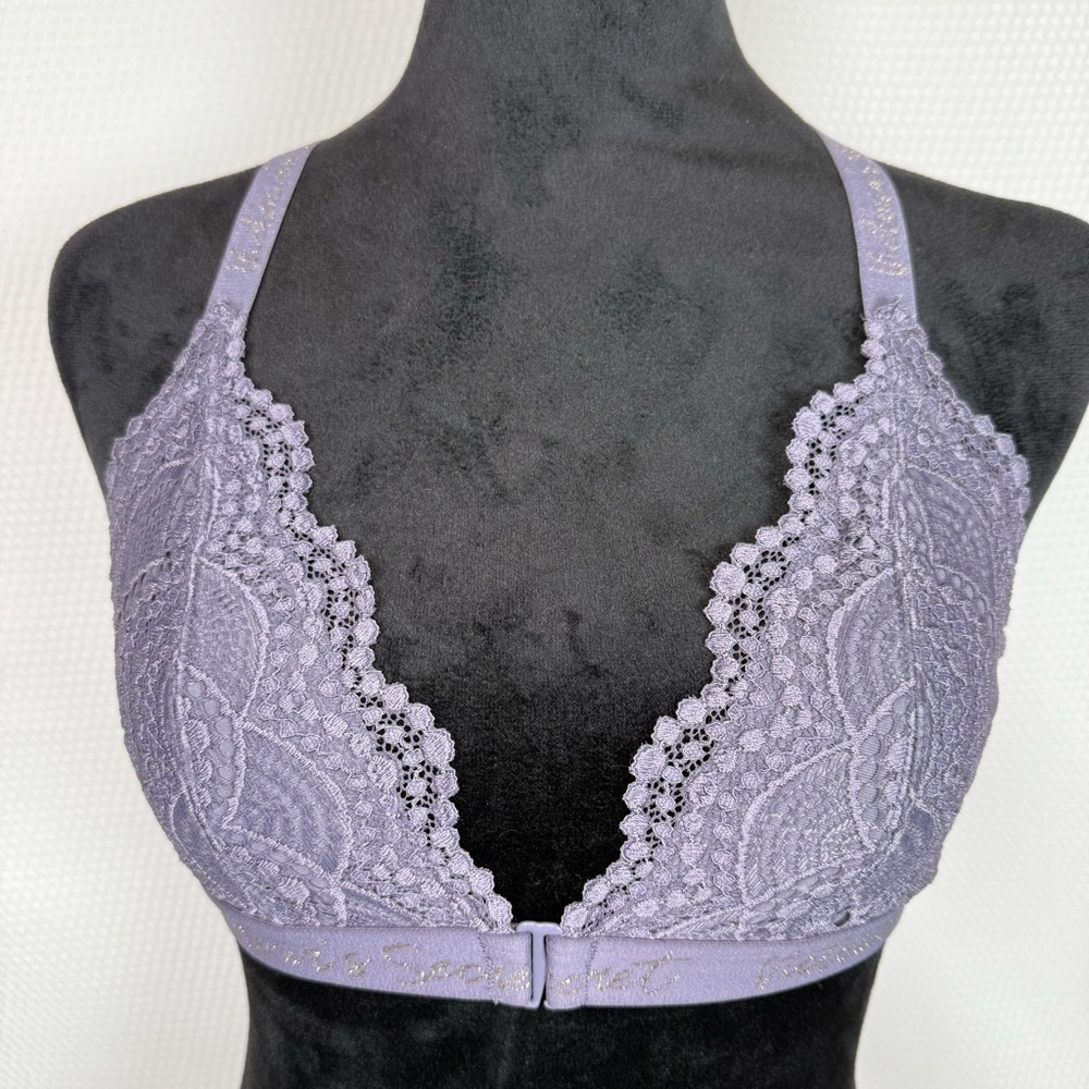 Victoria's Secret Purple Lace Bralette Sz Medium Front Closure Racer Back
